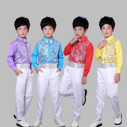 Singers chorus dancing costumes boys kids children sequined  white blue red stage performance jazz school competition party dancing uniforms costumes